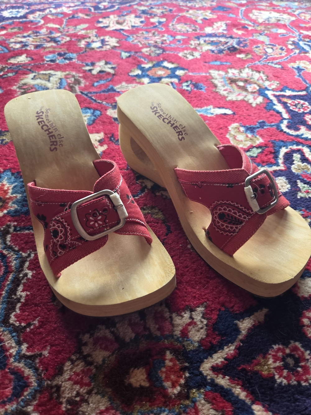 Skechers Red Bandana Print Wooden Wedge Sandals